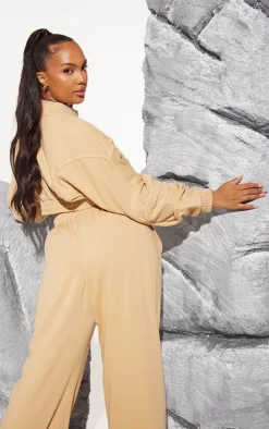 Sale PrettyLittleThing Plus Binding Detail Zip Up Crop Sweatshirt Taupe