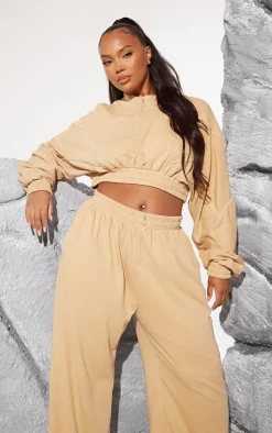 Sale PrettyLittleThing Plus Binding Detail Zip Up Crop Sweatshirt Taupe