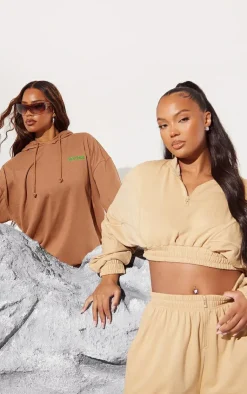 Sale PrettyLittleThing Plus Binding Detail Zip Up Crop Sweatshirt Taupe