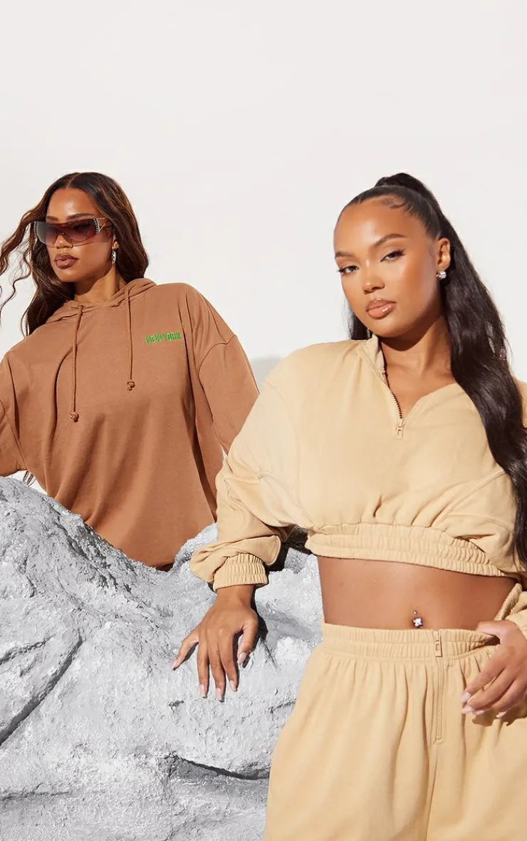 Sale PrettyLittleThing Plus Binding Detail Zip Up Crop Sweatshirt Taupe