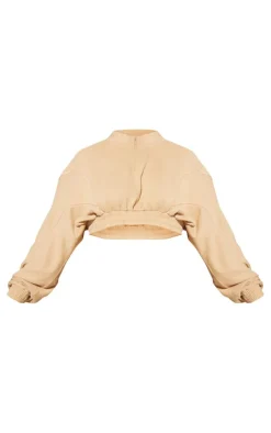 Sale PrettyLittleThing Plus Binding Detail Zip Up Crop Sweatshirt Taupe