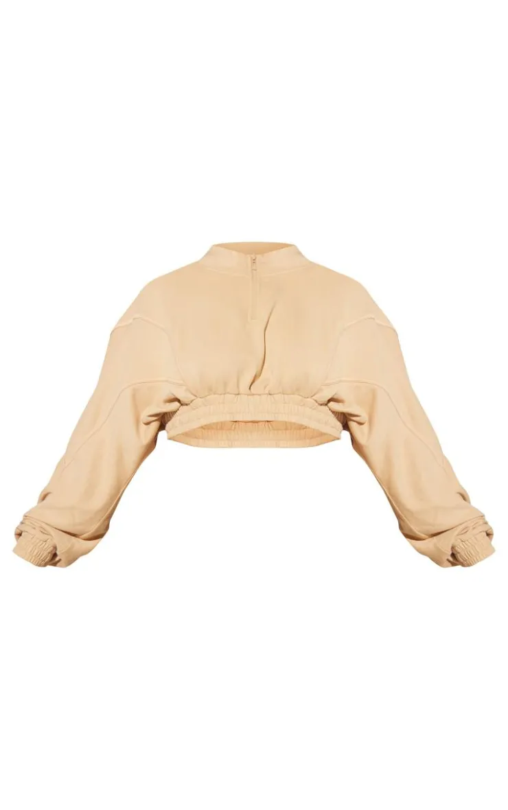 Sale PrettyLittleThing Plus Binding Detail Zip Up Crop Sweatshirt Taupe