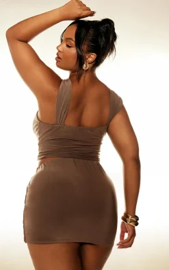 Clearance PrettyLittleThing Plus Double Layer Slinky Snake Trim Asymmetrical Top Taupe