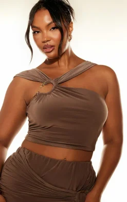 Clearance PrettyLittleThing Plus Double Layer Slinky Snake Trim Asymmetrical Top Taupe