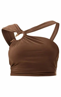 Clearance PrettyLittleThing Plus Double Layer Slinky Snake Trim Asymmetrical Top Taupe