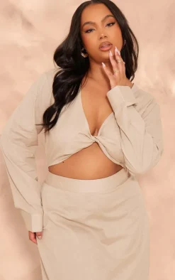 Clearance PrettyLittleThing Plus Linen Look Twist Front Cropped Shirt Taupe