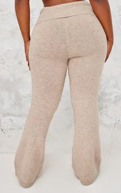 Plus Taupe Melange Soft Knit Foldover Waist Flared Pants