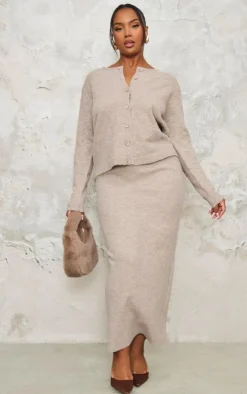 Outlet PrettyLittleThing Plus Melange Soft Knit Maxi Skirt Taupe