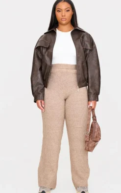 New PrettyLittleThing Plus Soft Knit Wide Leg Pants Taupe