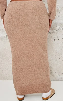 PrettyLittleThing Plus Soft Textured Knit Maxi Skirt Taupe