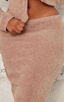 PrettyLittleThing Plus Soft Textured Knit Maxi Skirt Taupe