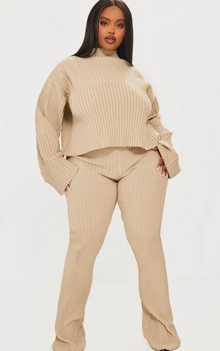 PrettyLittleThing Plus Two Tone Thick Rib Knit Leggings Taupe