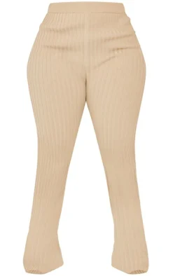 PrettyLittleThing Plus Two Tone Thick Rib Knit Leggings Taupe