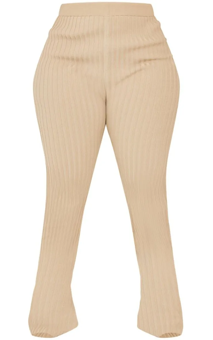 PrettyLittleThing Plus Two Tone Thick Rib Knit Leggings Taupe