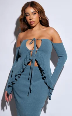 Best PrettyLittleThing Plus Frill Sleeve Tie Front Knit Top Teal