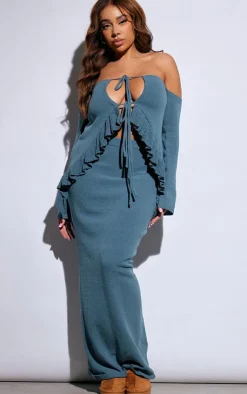 Best PrettyLittleThing Plus Frill Sleeve Tie Front Knit Top Teal
