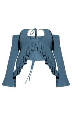 Best PrettyLittleThing Plus Frill Sleeve Tie Front Knit Top Teal