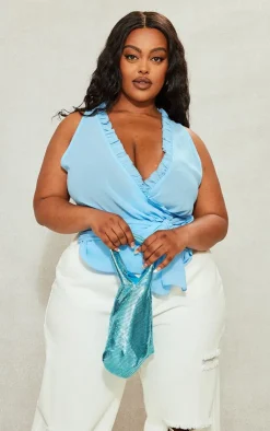PrettyLittleThing Wrap Tops*Plus Plunge Front Ruffle Wrap Detail Top