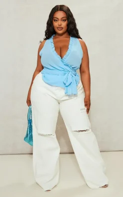 PrettyLittleThing Wrap Tops*Plus Plunge Front Ruffle Wrap Detail Top