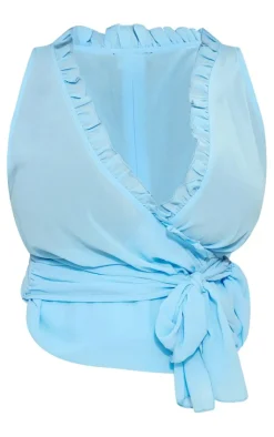PrettyLittleThing Wrap Tops*Plus Plunge Front Ruffle Wrap Detail Top