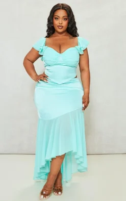Discount PrettyLittleThing Plus Satin Chiffon Hem Midi Skirt Turquoise