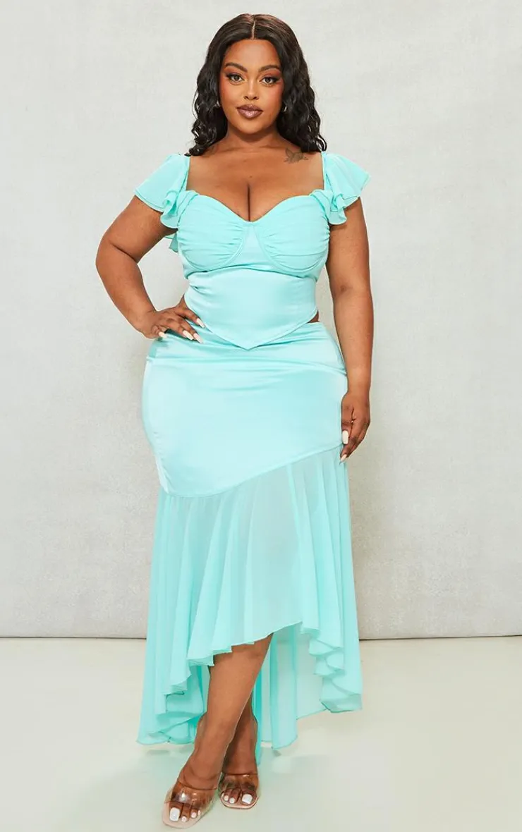 Discount PrettyLittleThing Plus Satin Chiffon Hem Midi Skirt Turquoise