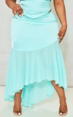 Discount PrettyLittleThing Plus Satin Chiffon Hem Midi Skirt Turquoise