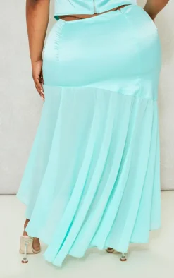 Discount PrettyLittleThing Plus Satin Chiffon Hem Midi Skirt Turquoise