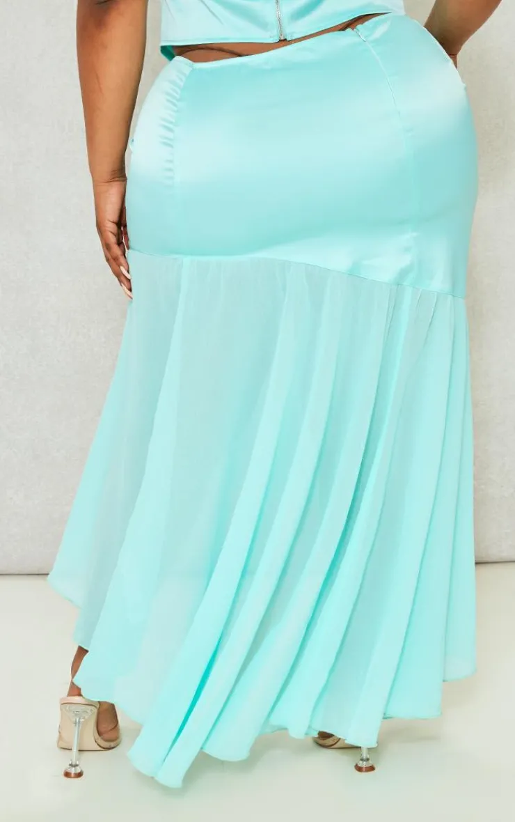 Discount PrettyLittleThing Plus Satin Chiffon Hem Midi Skirt Turquoise