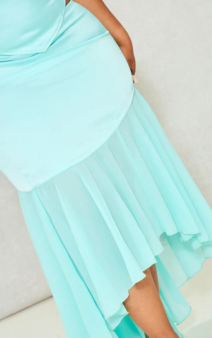 Discount PrettyLittleThing Plus Satin Chiffon Hem Midi Skirt Turquoise