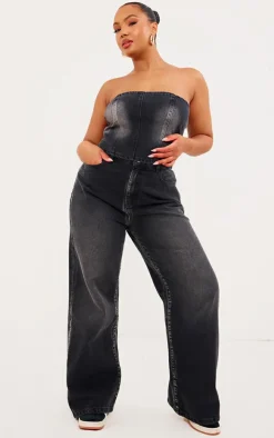 Plus Vintage Black Wash Washed Down Distressed Look Bandeau Denim Top