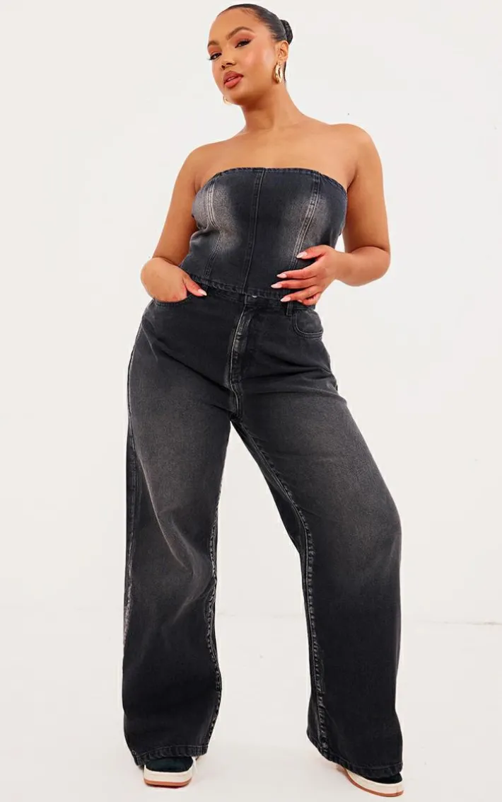 Plus Vintage Black Wash Washed Down Distressed Look Bandeau Denim Top