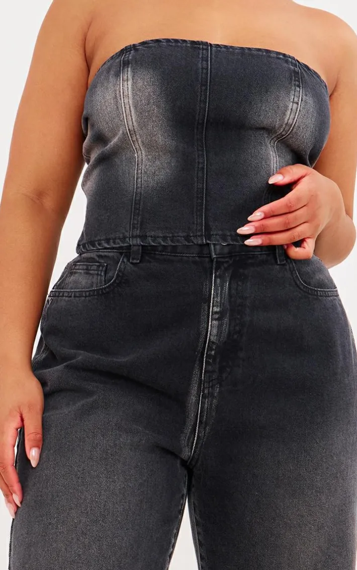 Plus Vintage Black Wash Washed Down Distressed Look Bandeau Denim Top