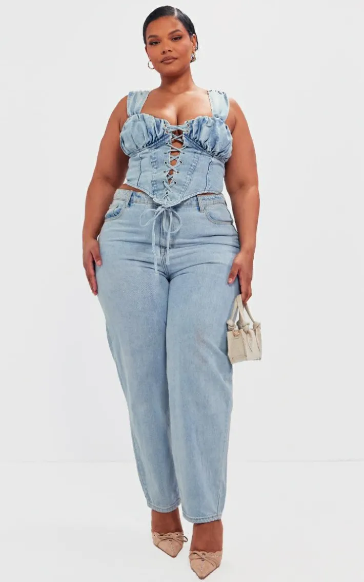 Plus Vintage Bleach Wash Ruched Bust Detail Denim Lace Up Corset