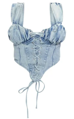 Plus Vintage Bleach Wash Ruched Bust Detail Denim Lace Up Corset