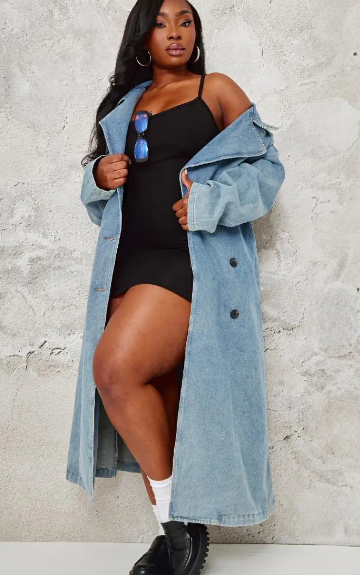 PrettyLittleThing Trench Coats*Plus Vintage Blue Wash Denim Button Front Belted Trench Coat