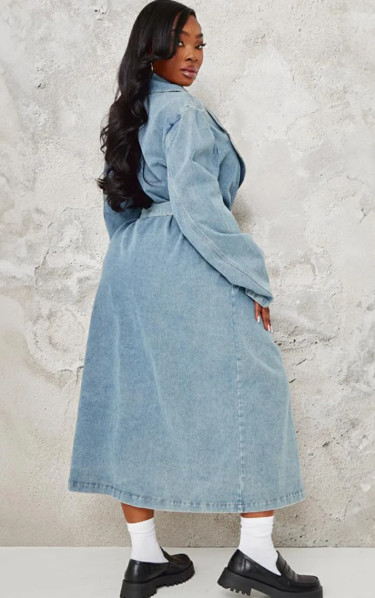 PrettyLittleThing Trench Coats*Plus Vintage Blue Wash Denim Button Front Belted Trench Coat