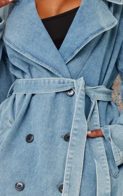 PrettyLittleThing Trench Coats*Plus Vintage Blue Wash Denim Button Front Belted Trench Coat