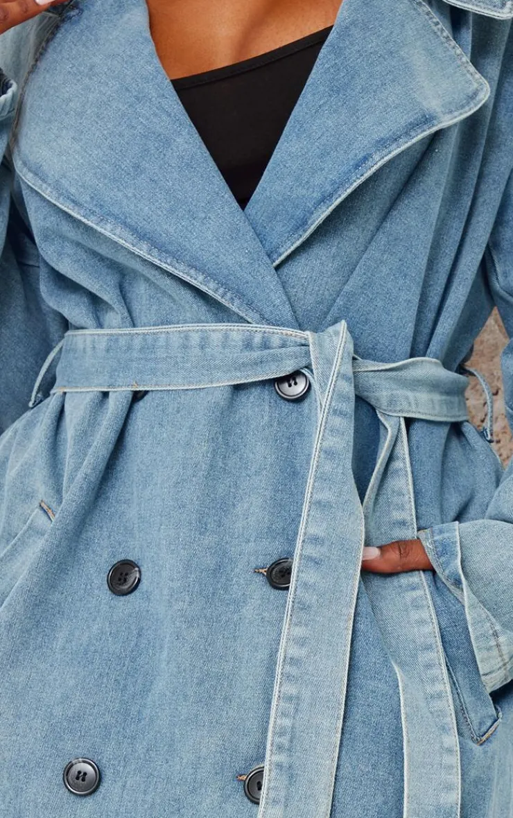 PrettyLittleThing Trench Coats*Plus Vintage Blue Wash Denim Button Front Belted Trench Coat