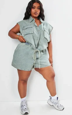 New PrettyLittleThing Plus Elasticated Waist Denim Shorts Vintage Light Wash