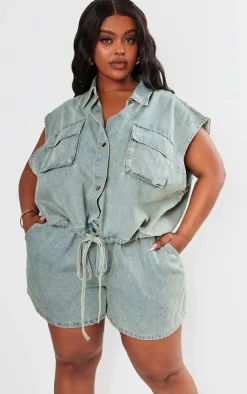 New PrettyLittleThing Plus Elasticated Waist Denim Shorts Vintage Light Wash
