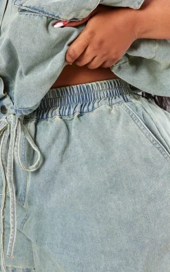 New PrettyLittleThing Plus Elasticated Waist Denim Shorts Vintage Light Wash
