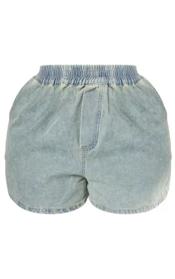 New PrettyLittleThing Plus Elasticated Waist Denim Shorts Vintage Light Wash