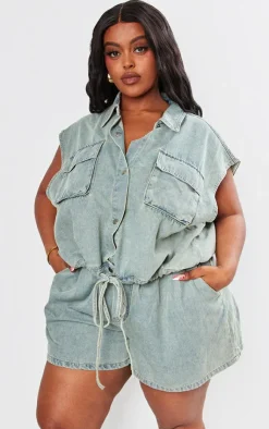 New PrettyLittleThing Plus Sleeveless Popper Detail Denim Top Vintage Light Wash
