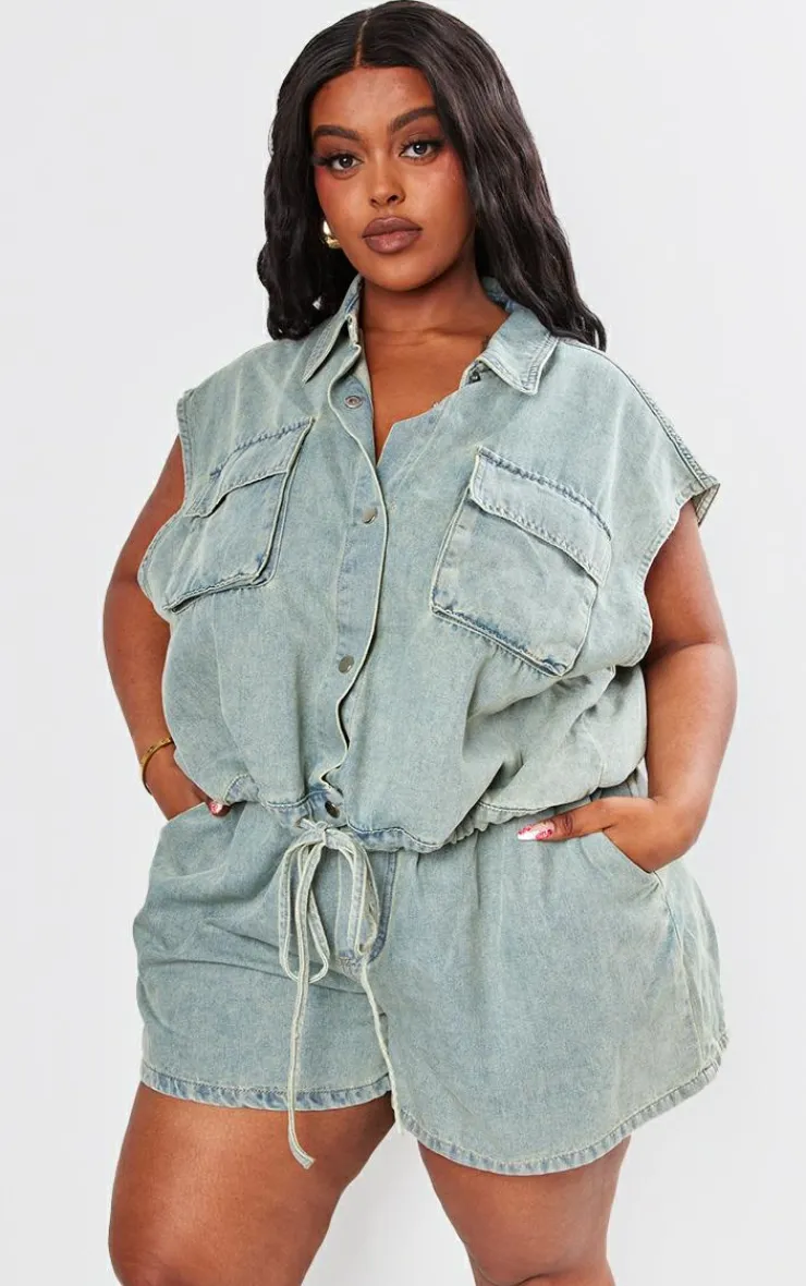 New PrettyLittleThing Plus Sleeveless Popper Detail Denim Top Vintage Light Wash