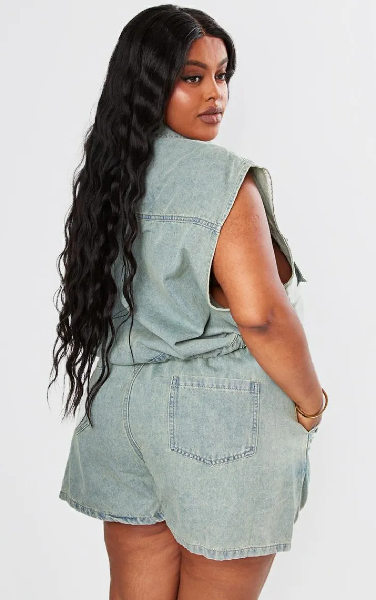 New PrettyLittleThing Plus Sleeveless Popper Detail Denim Top Vintage Light Wash