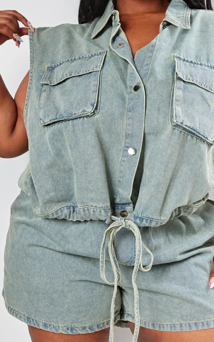 New PrettyLittleThing Plus Sleeveless Popper Detail Denim Top Vintage Light Wash