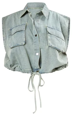 New PrettyLittleThing Plus Sleeveless Popper Detail Denim Top Vintage Light Wash