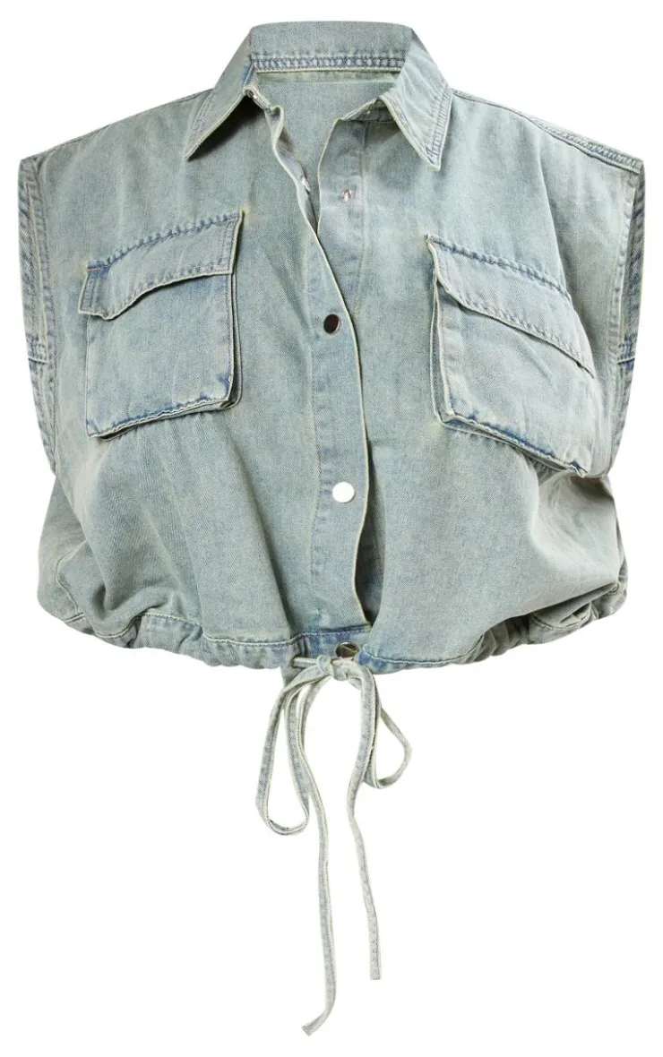 New PrettyLittleThing Plus Sleeveless Popper Detail Denim Top Vintage Light Wash