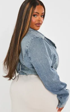 Plus Vintage Mid Wash Cropped Denim Biker Jacket